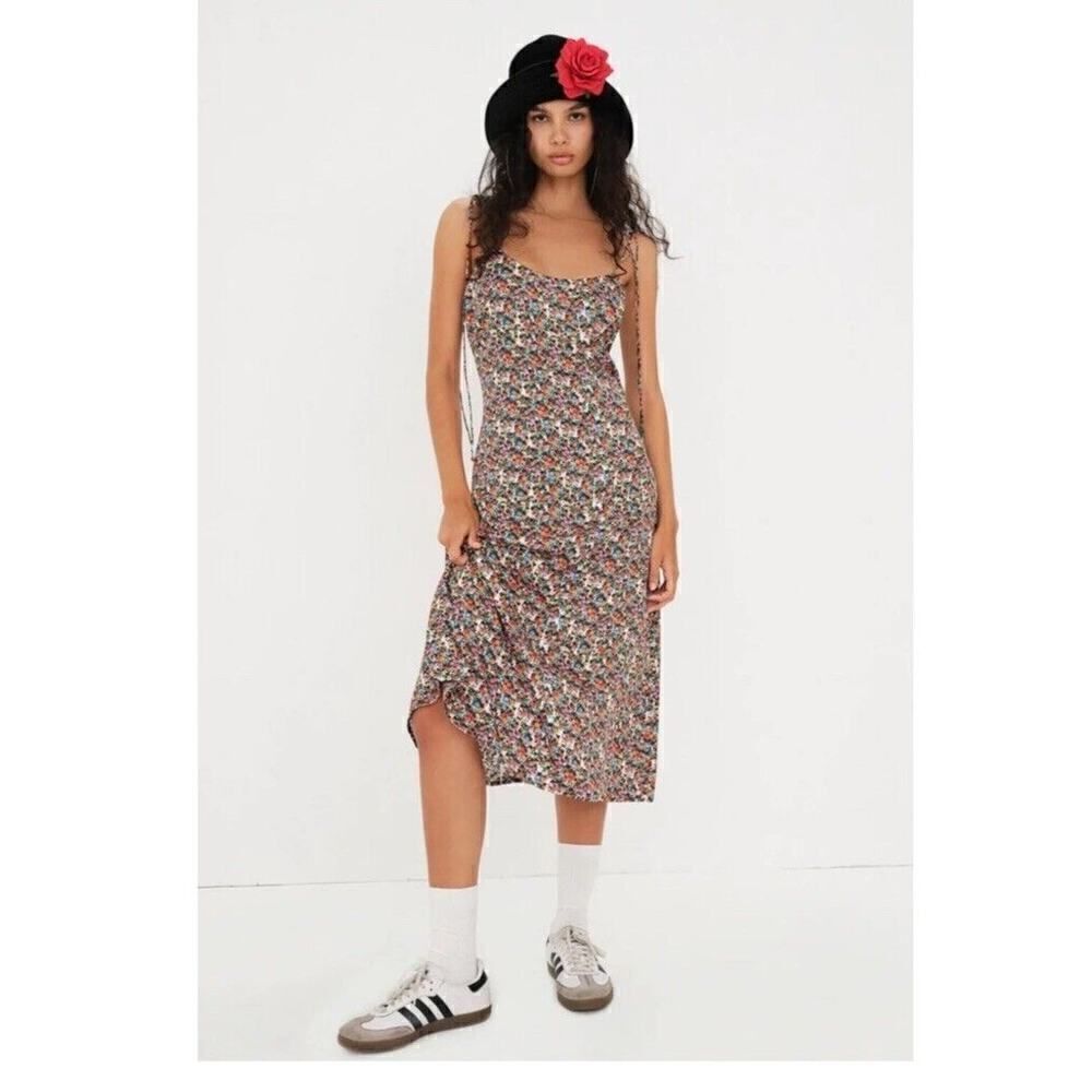 For Love & Lemons Hayes midi dress Floral Print Slip Black multi NWT SZ L